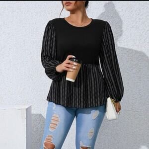 Shein Curve Black Blouse with Striped Puff Sleeves – 1XL